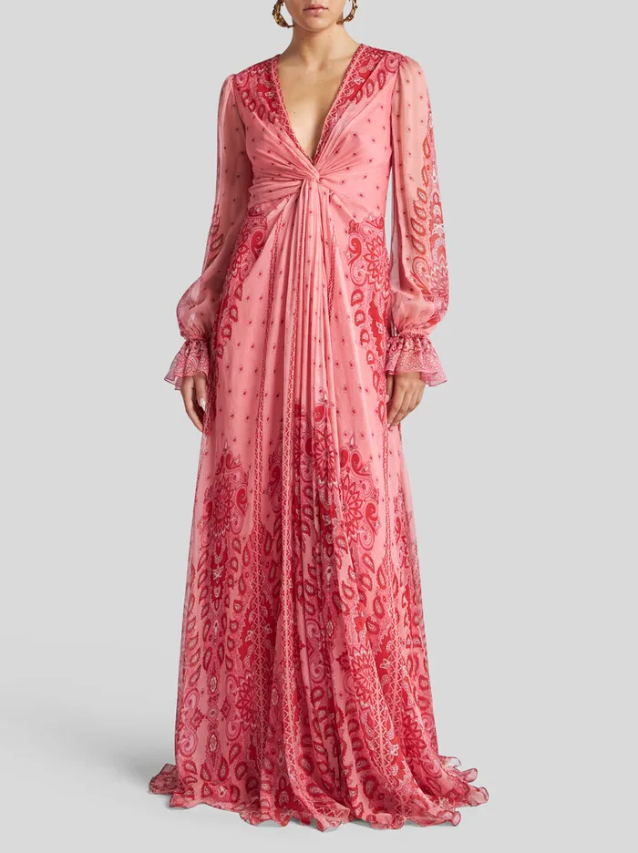 Women Etro Dresses Long Printed Silk Dress Pink Women Etro Dresses Long Printed Silk Dress Pink