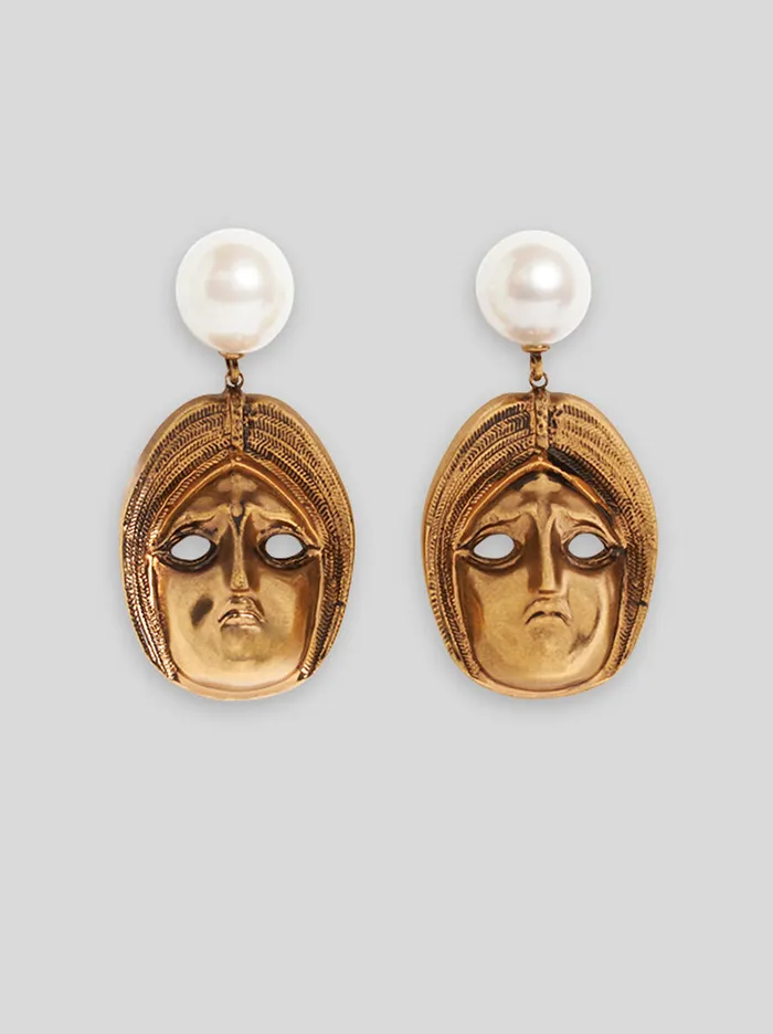 Women Etro Fashion Jewellery Earrings With Masks And Pearls Gold