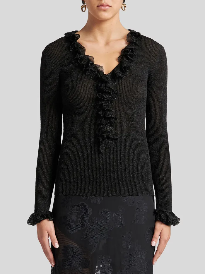 Women Etro Tops Metallic Top With Flounces Black Women Etro Tops Metallic Top With Flounces Black