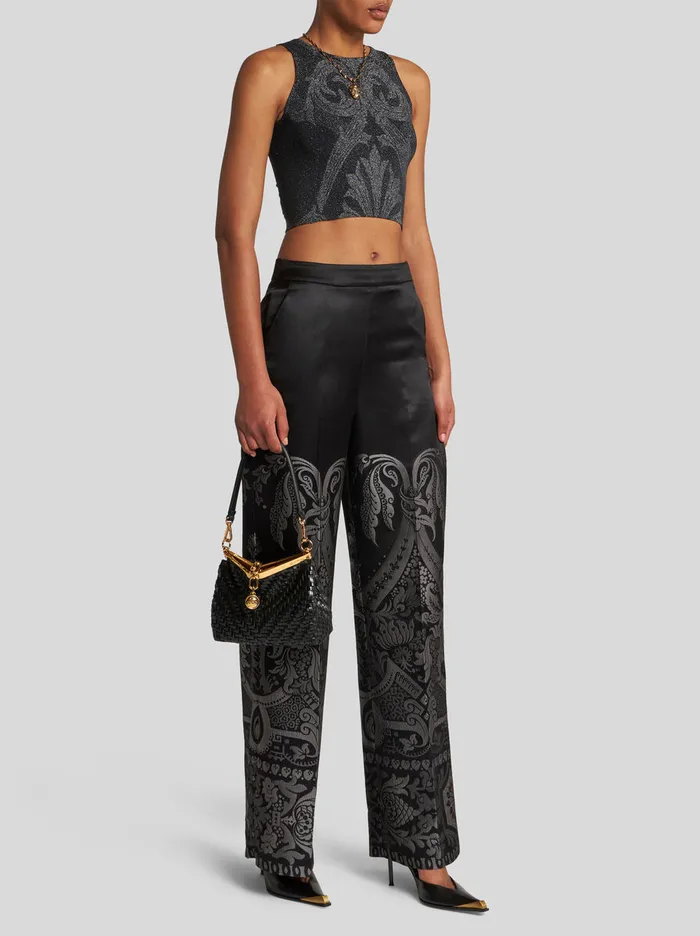 Women Etro Trousers Silk Jacquard Palazzo Trousers Grey