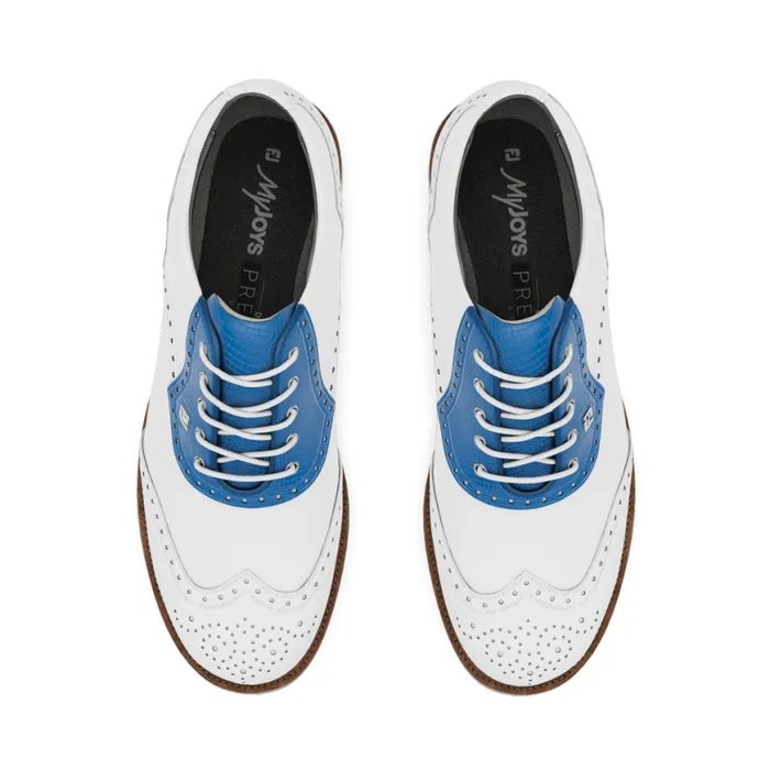 Women FootJoy Spiked MyJoys Premiere Series Shield Tip White Blue Lizard Print