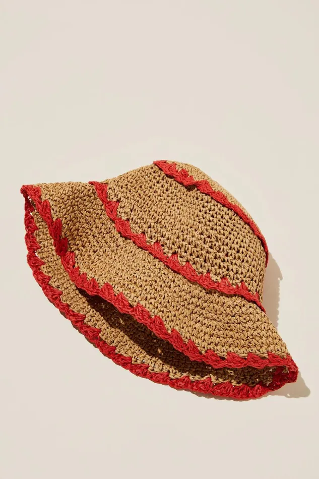 Women Hats Cotton On Emme Straw Bucket Hat Red