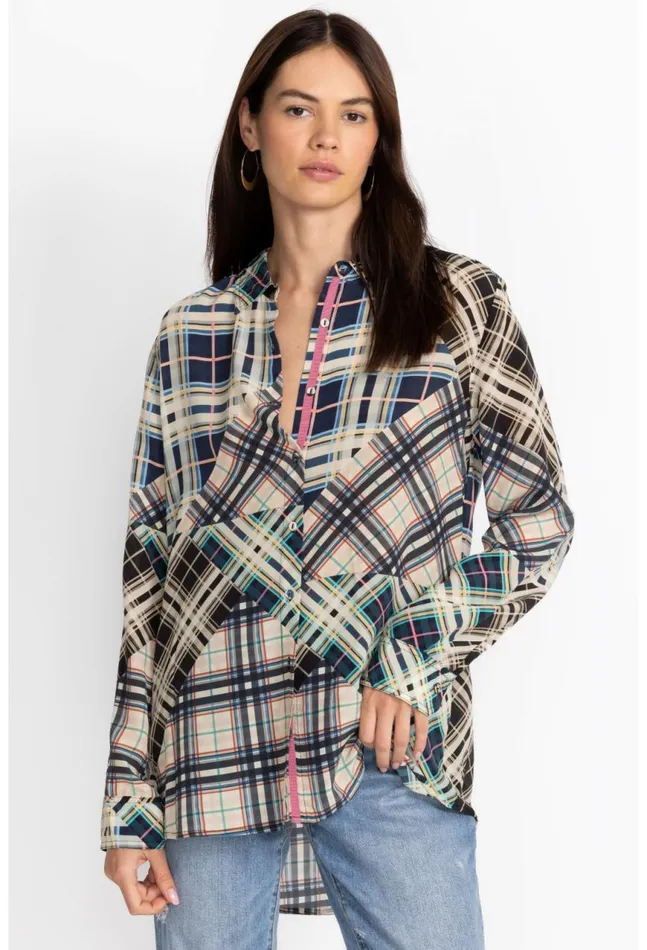 Women Idora Patchwork Button Down Shirt Multi Johnny Was Tops