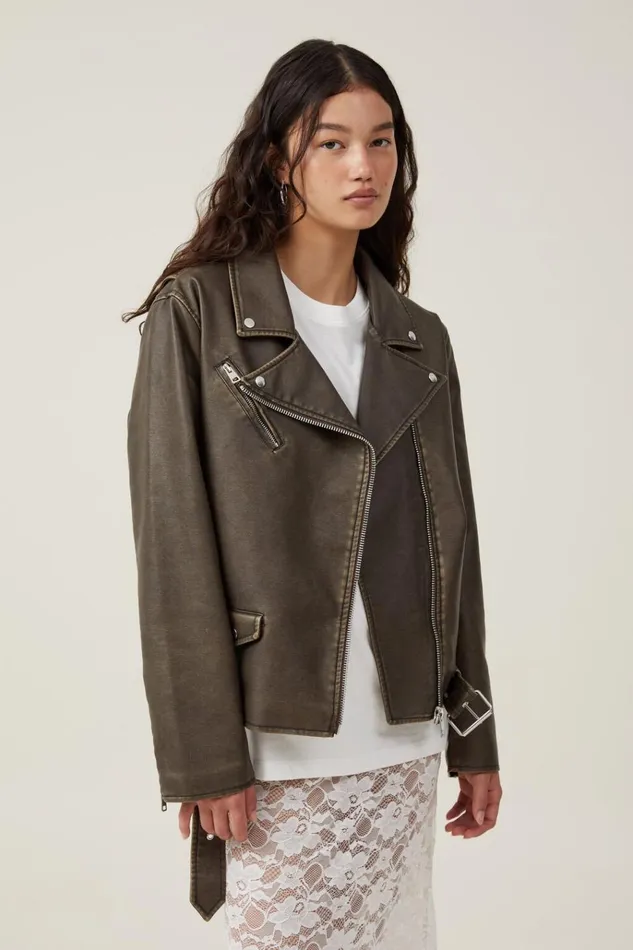 Women Jackets Cotton On Roman Faux Leather Biker Jacket Washed Brown