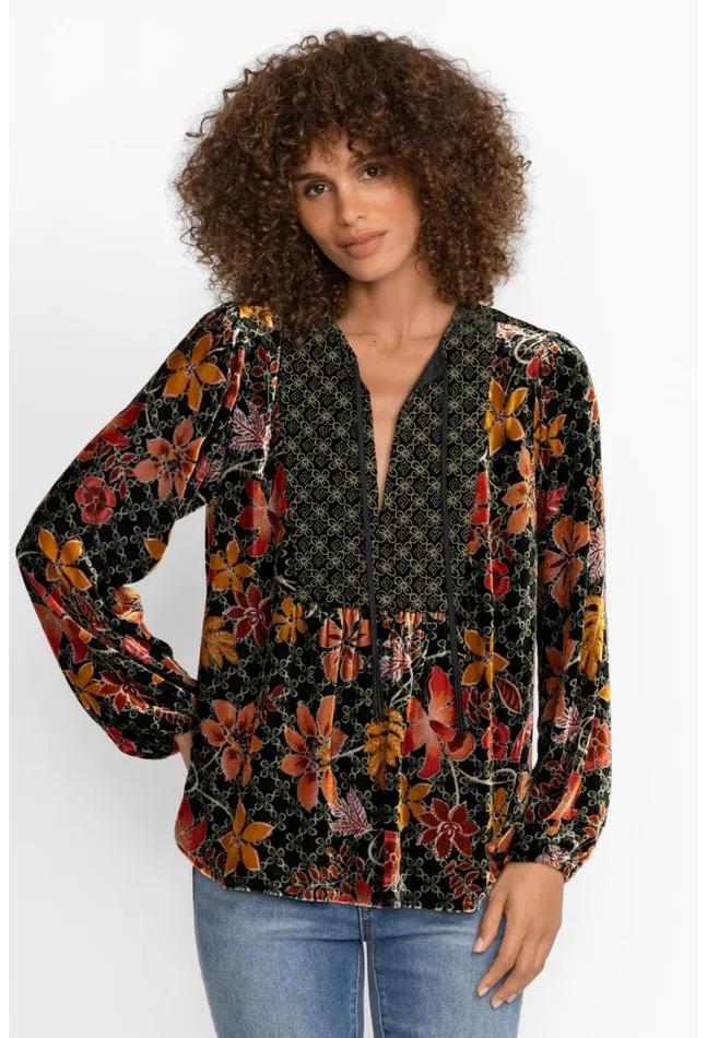 Women Jasmoon Flore Velvet Curved Hem Blouse Jasmoon Flore Johnny Was Tops