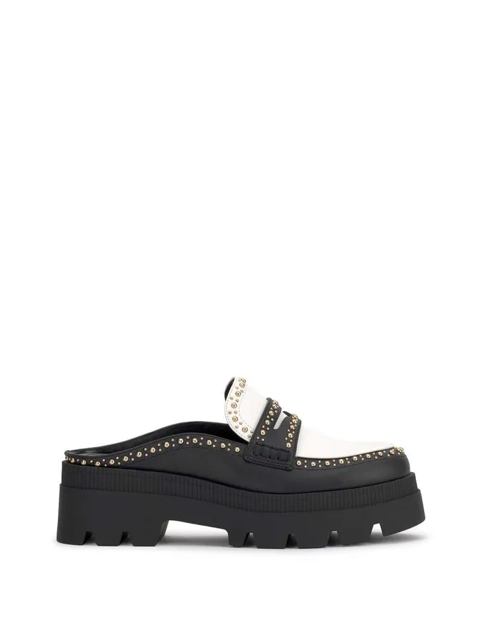 Women Jessica Simpson Slides and Mules Uma Slip On Loafer In Black and White