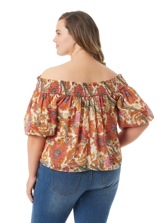 Women Jessica Simpson Tops and Tees Rosiya Off Shoulder Top In Apricot Sherbet Paisley