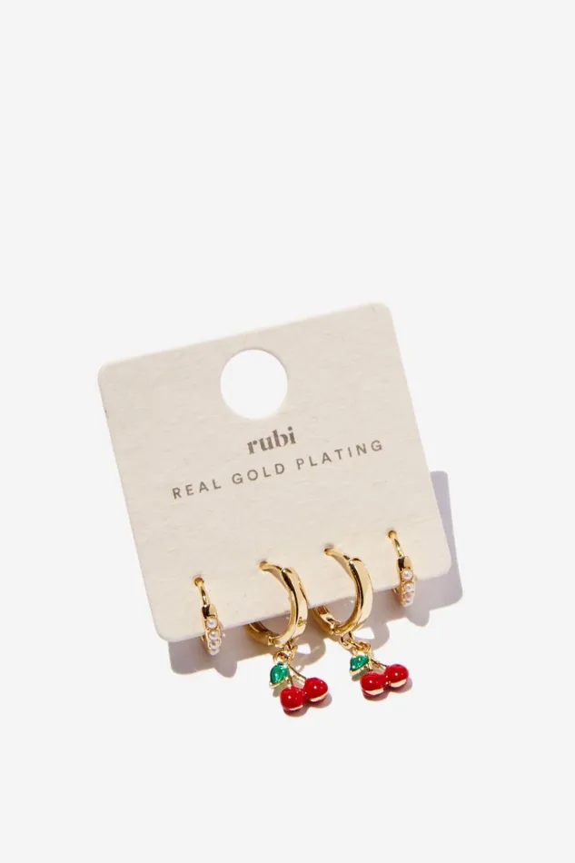 Women Jewelry Cotton On 2Pk Mid Earring Gold Plated Cherry Pearl