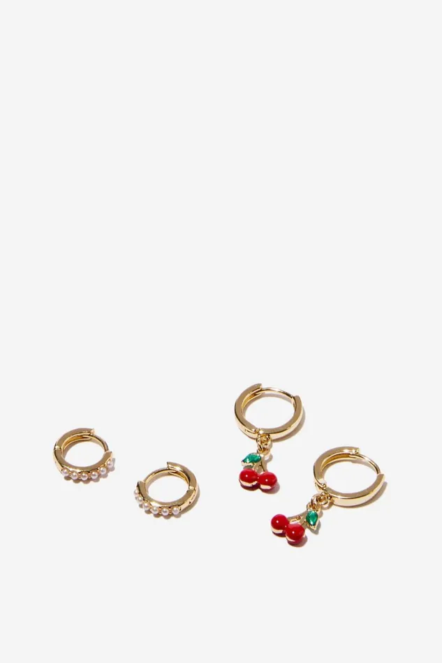 Women Jewelry Cotton On 2Pk Mid Earring Gold Plated Cherry Pearl