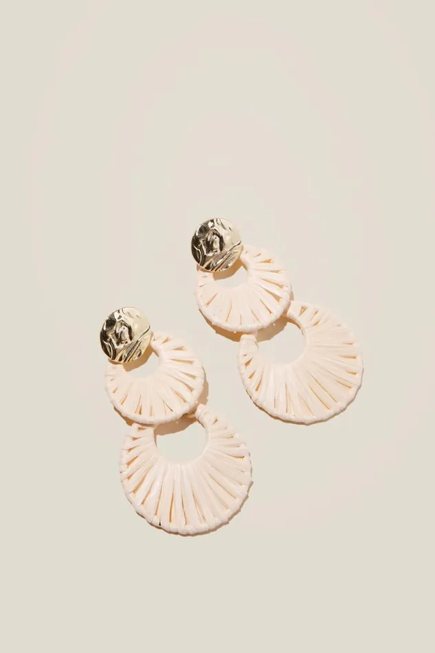 Women Jewelry Cotton On Mid Charm Earring Gold Plated Ecru Raffia Double Drop