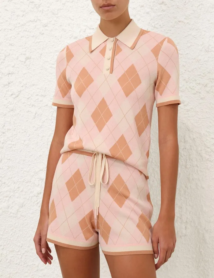 Women Knitwear Zimmermann Acacia Argyle Knit Polo Pink Argyle