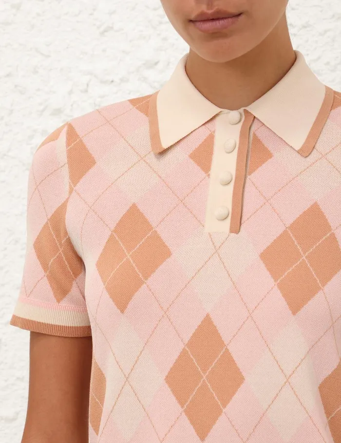 Women Knitwear Zimmermann Acacia Argyle Knit Polo Pink Argyle