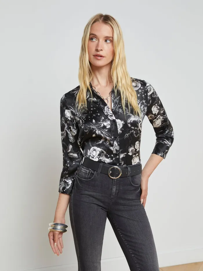 Women L039Agence Blouses and Tops Dani Silk Blouse Black Multi Zodiac