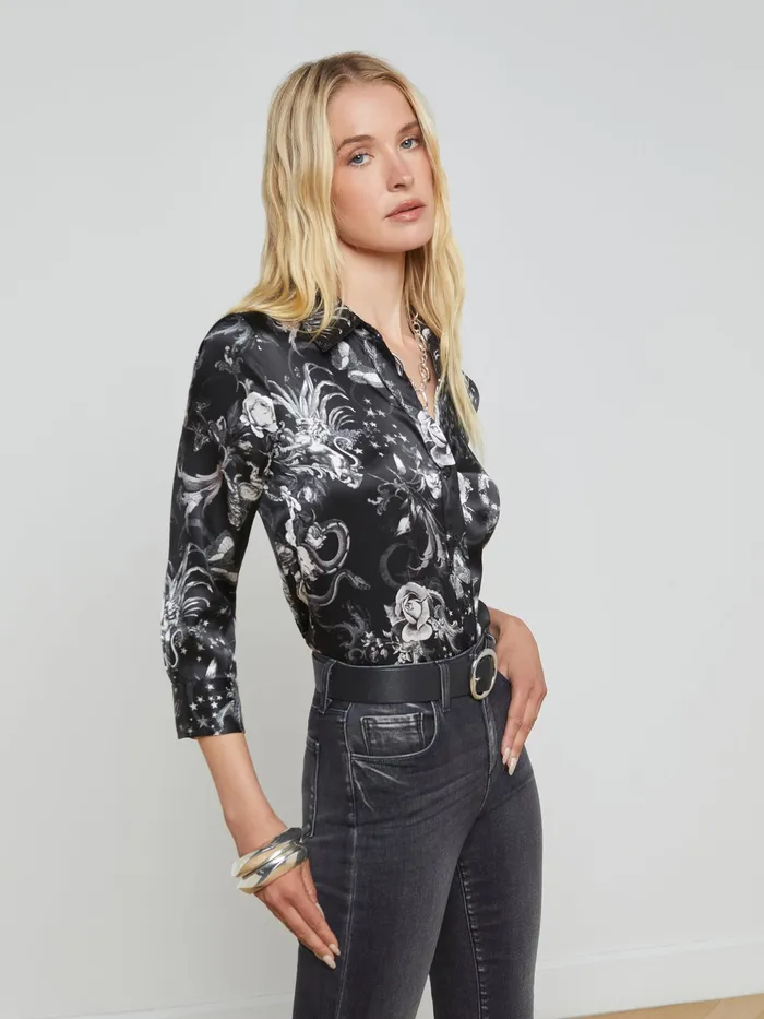 Women L039Agence Blouses and Tops Dani Silk Blouse Black Multi Zodiac