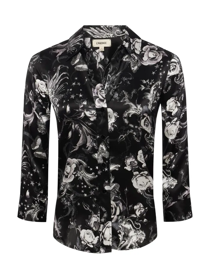 Women L039Agence Blouses and Tops Dani Silk Blouse Black Multi Zodiac