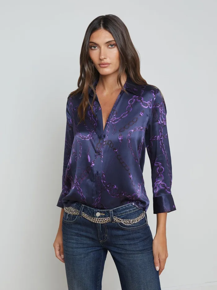 Women L039Agence Blouses and Tops Dani Silk Blouse Midnightpurple Sketch Chain