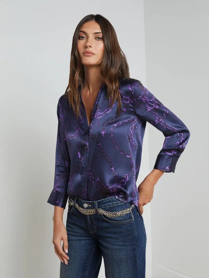 Women L039Agence Blouses and Tops Dani Silk Blouse Midnightpurple Sketch Chain Women L039Agence Blouses and Tops Dani Silk Blouse Midnightpurple Sketch Chain