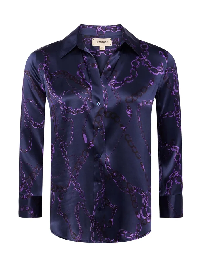 Women L039Agence Blouses and Tops Dani Silk Blouse Midnightpurple Sketch Chain Women L039Agence Blouses and Tops Dani Silk Blouse Midnightpurple Sketch Chain
