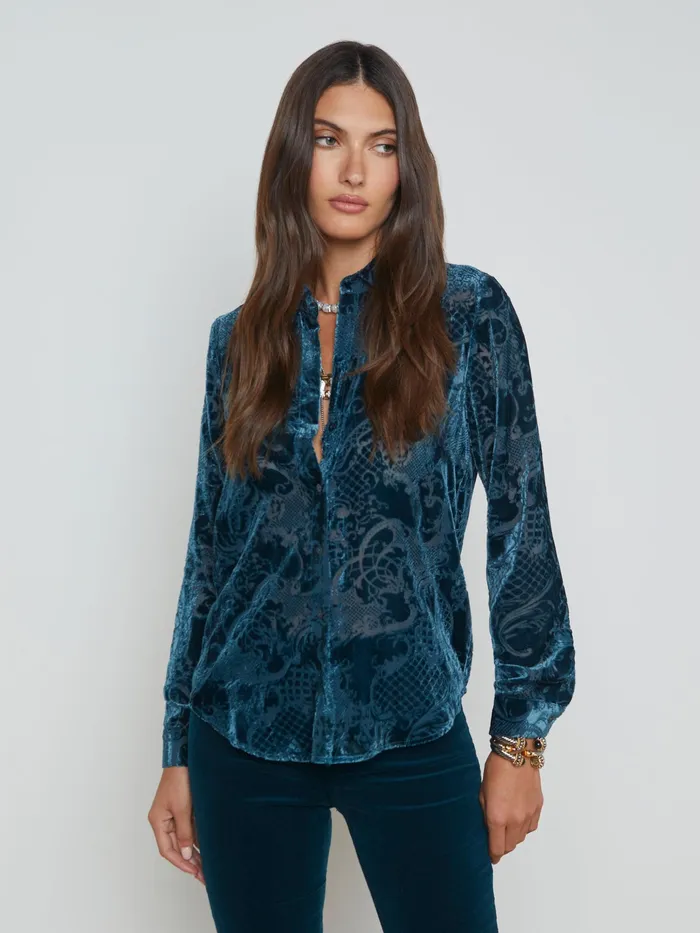 Women L039Agence Blouses and Tops Laurent Velvet Blouse Deep Teal Rococo