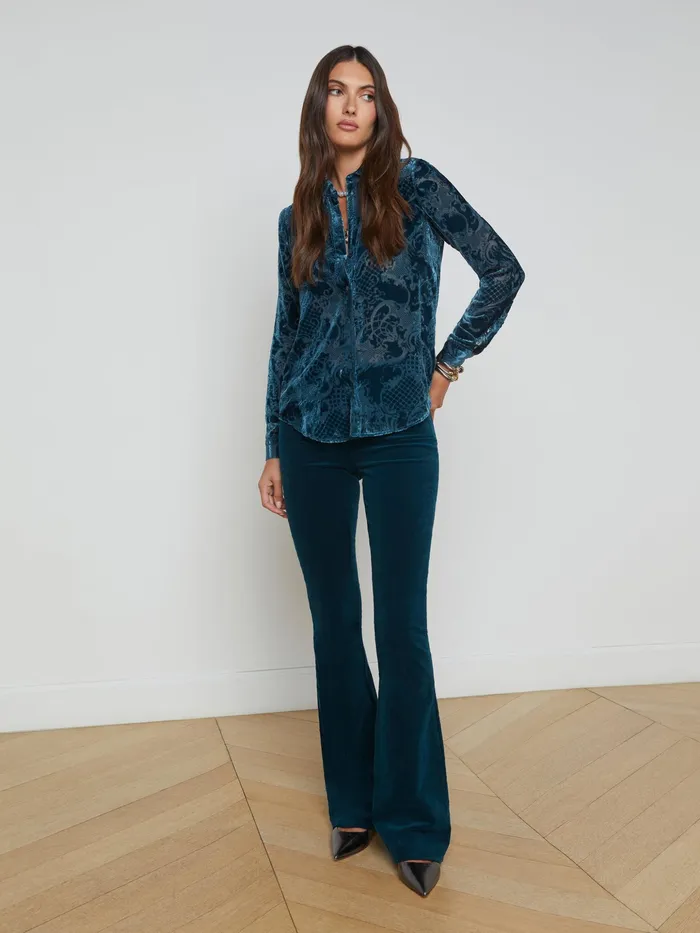 Women L039Agence Blouses and Tops Laurent Velvet Blouse Deep Teal Rococo Women L039Agence Blouses and Tops Laurent Velvet Blouse Deep Teal Rococo