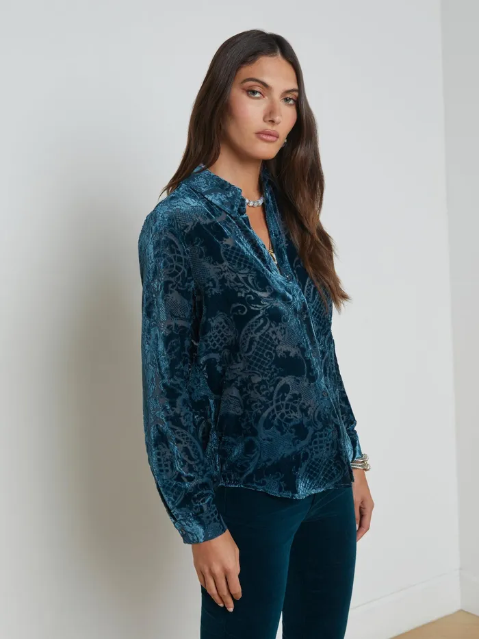 Women L039Agence Blouses and Tops Laurent Velvet Blouse Deep Teal Rococo Women L039Agence Blouses and Tops Laurent Velvet Blouse Deep Teal Rococo