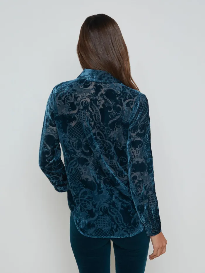 Women L039Agence Blouses and Tops Laurent Velvet Blouse Deep Teal Rococo Women L039Agence Blouses and Tops Laurent Velvet Blouse Deep Teal Rococo