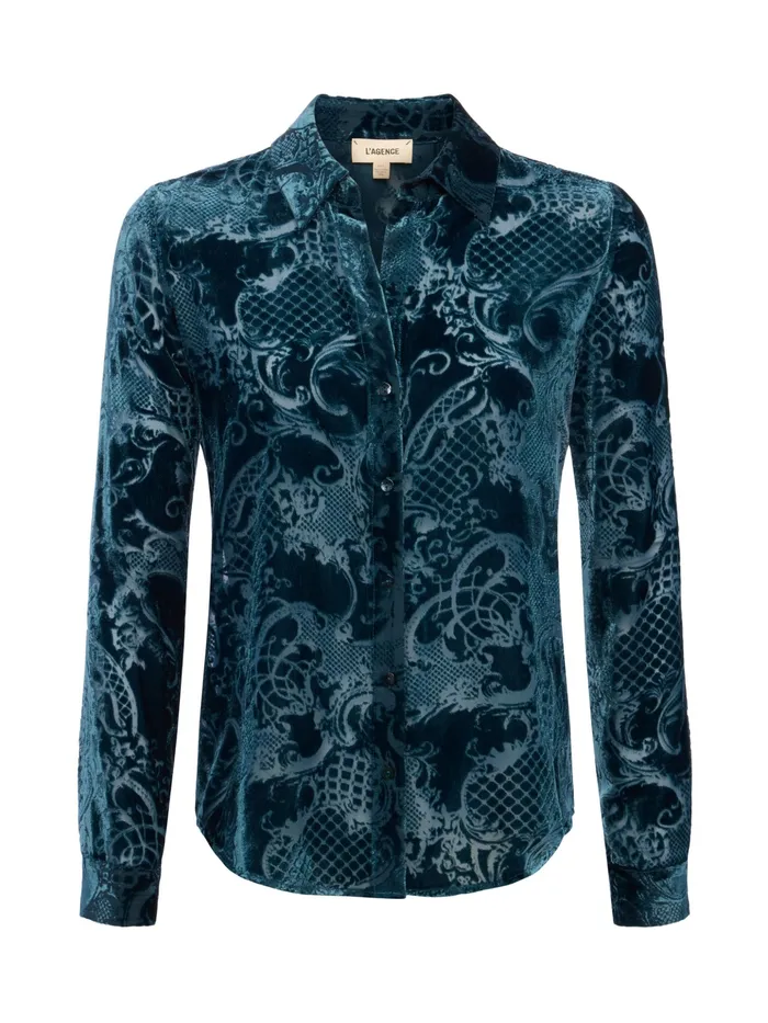 Women L039Agence Blouses and Tops Laurent Velvet Blouse Deep Teal Rococo Women L039Agence Blouses and Tops Laurent Velvet Blouse Deep Teal Rococo