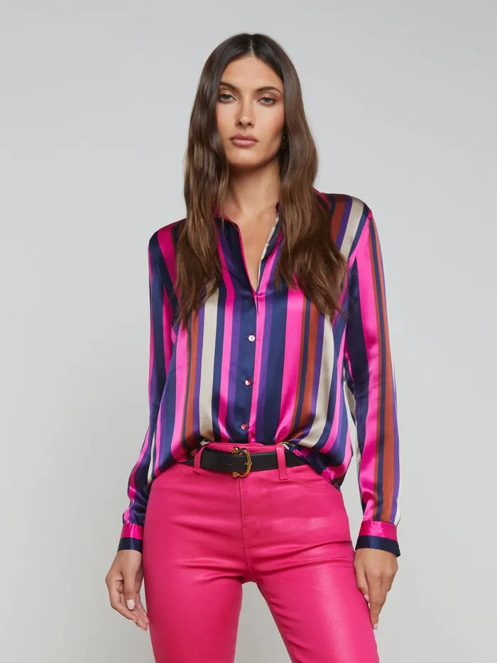 Women L039Agence Blouses and Tops Tyler Silk Blouse Ruby Multi Stripe