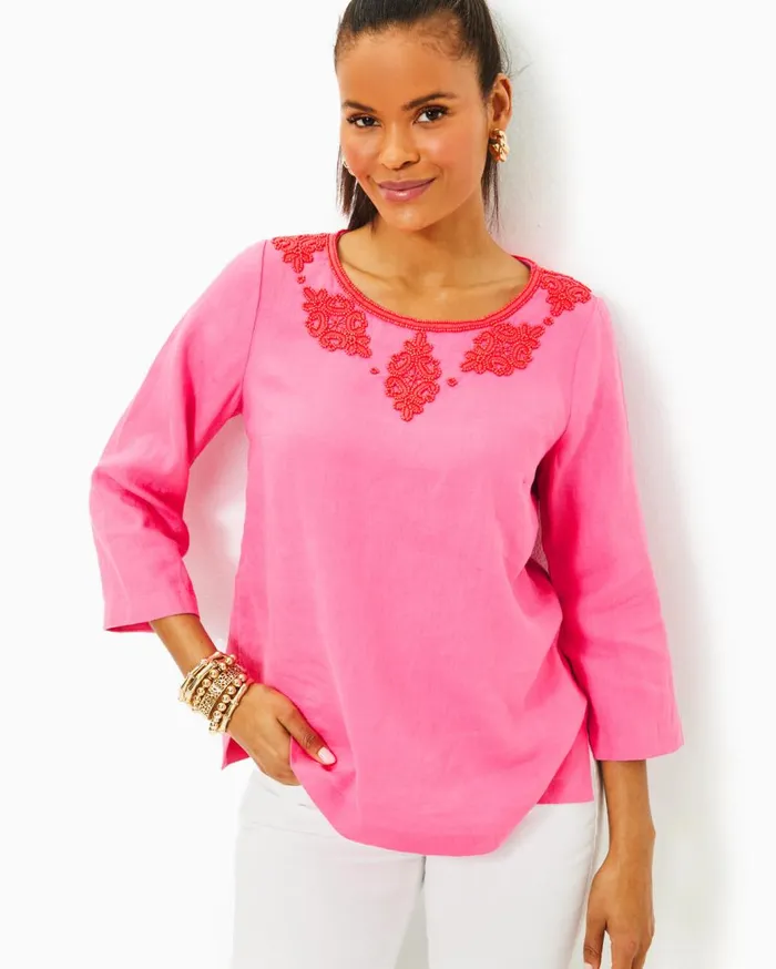 Women Lilly Pulitzer Tops Elyn Beaded Linen Top Resort White