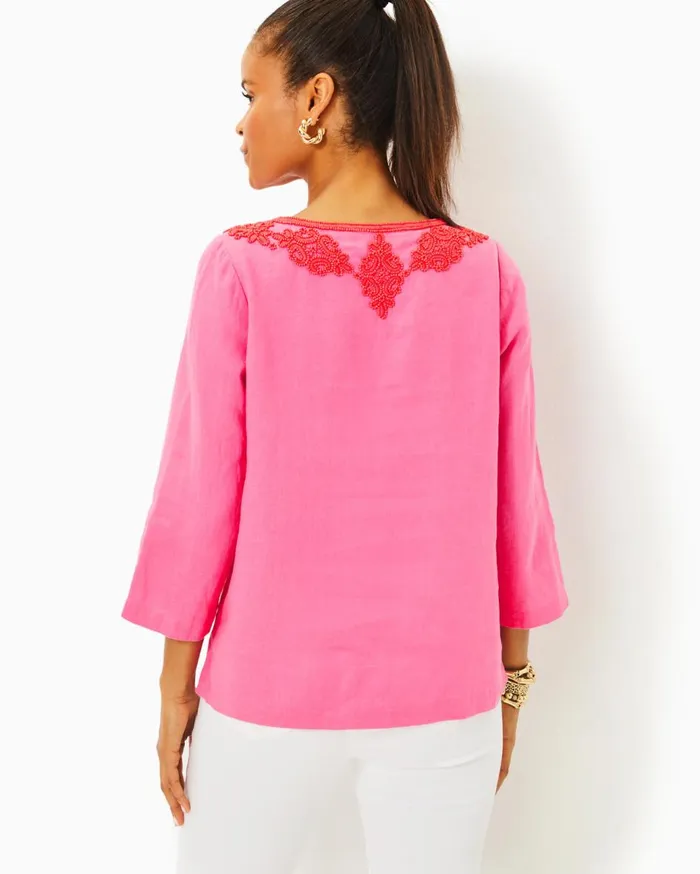 Women Lilly Pulitzer Tops Elyn Beaded Linen Top Resort White
