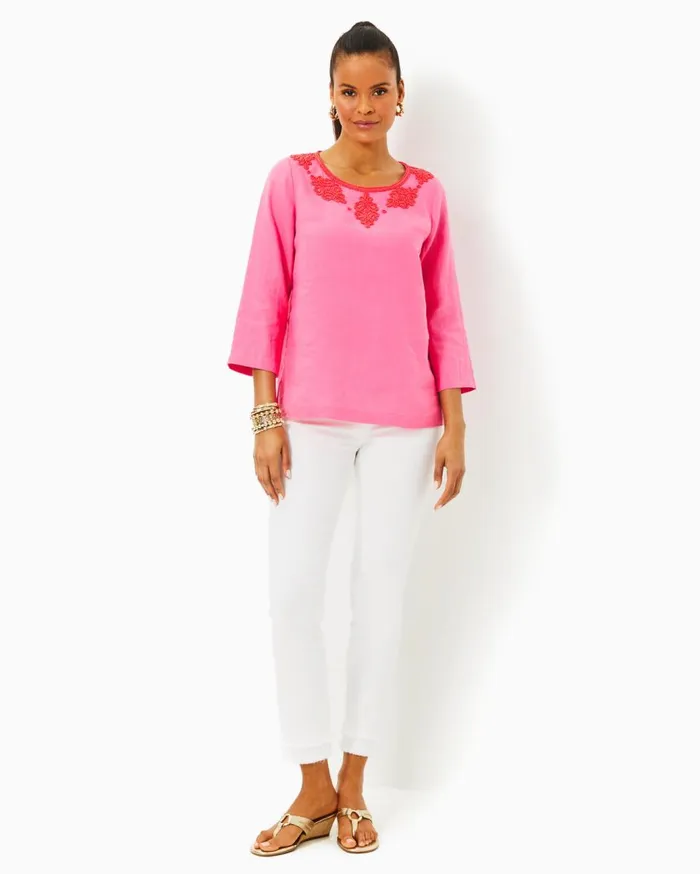 Women Lilly Pulitzer Tops Elyn Beaded Linen Top Resort White