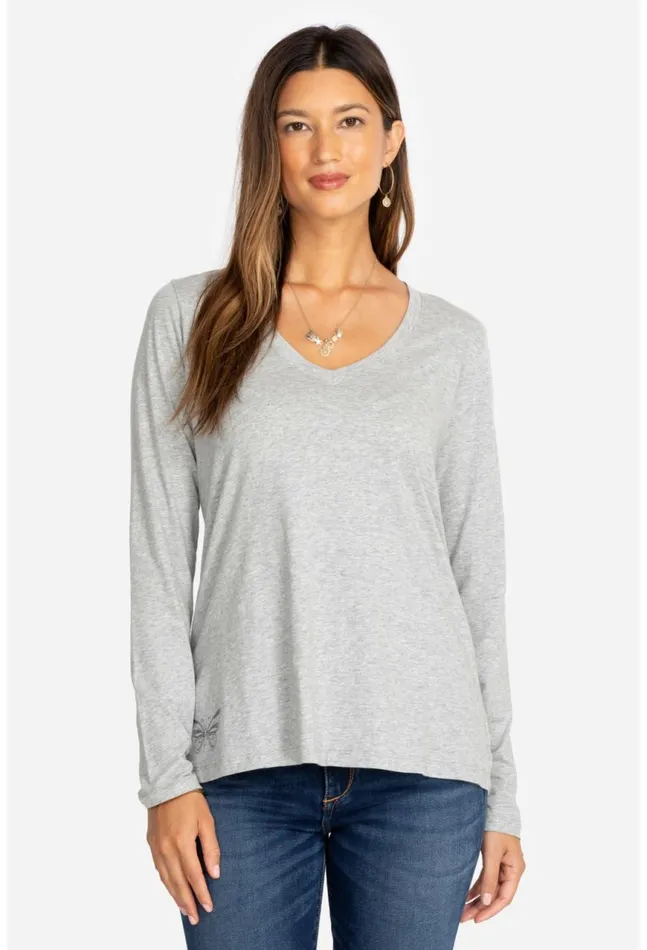 Women Long Sleeve VNeck Layering Tee Heather Grey Johnny Was Tops