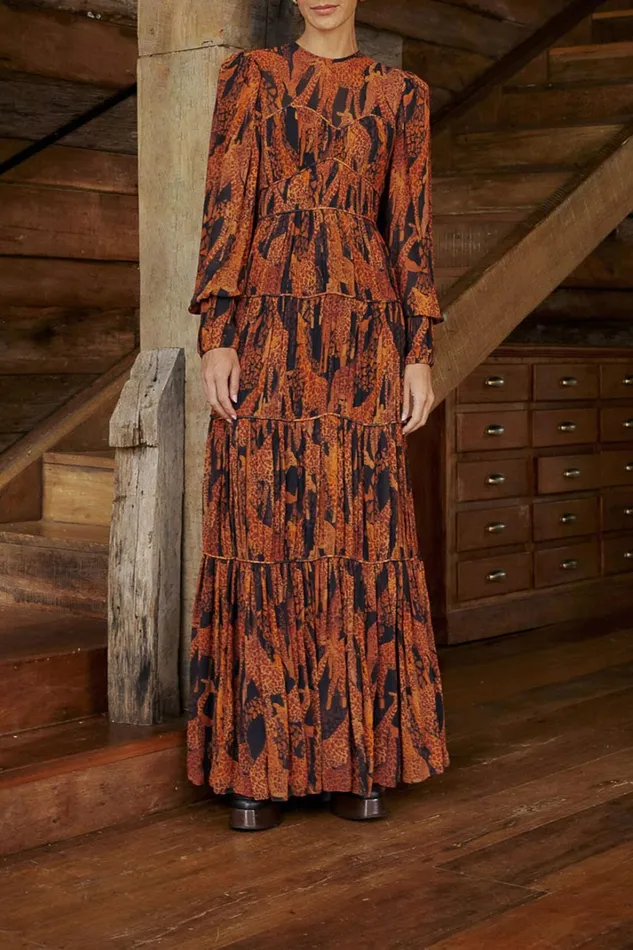 Women Maxi Dresses Farm Rio Black Giraffes Puff Sleeve Maxi Dress