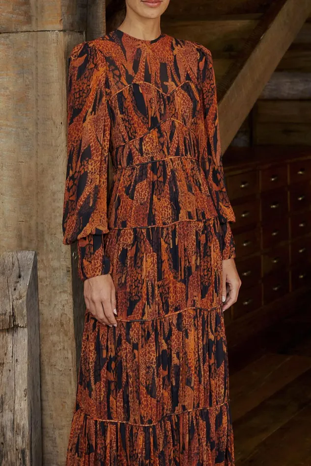 Women Maxi Dresses Farm Rio Black Giraffes Puff Sleeve Maxi Dress