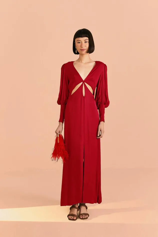 Women Maxi Dresses Farm Rio Red Cut Out Long Sleeve Lenzing Ecovero Viscose Maxi Dress