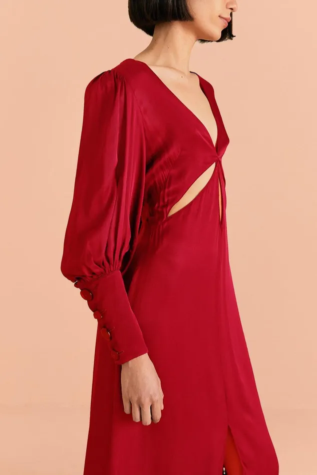 Women Maxi Dresses Farm Rio Red Cut Out Long Sleeve Lenzing Ecovero Viscose Maxi Dress