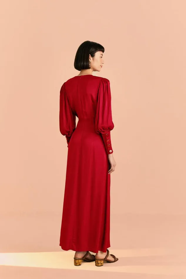 Women Maxi Dresses Farm Rio Red Cut Out Long Sleeve Lenzing Ecovero Viscose Maxi Dress