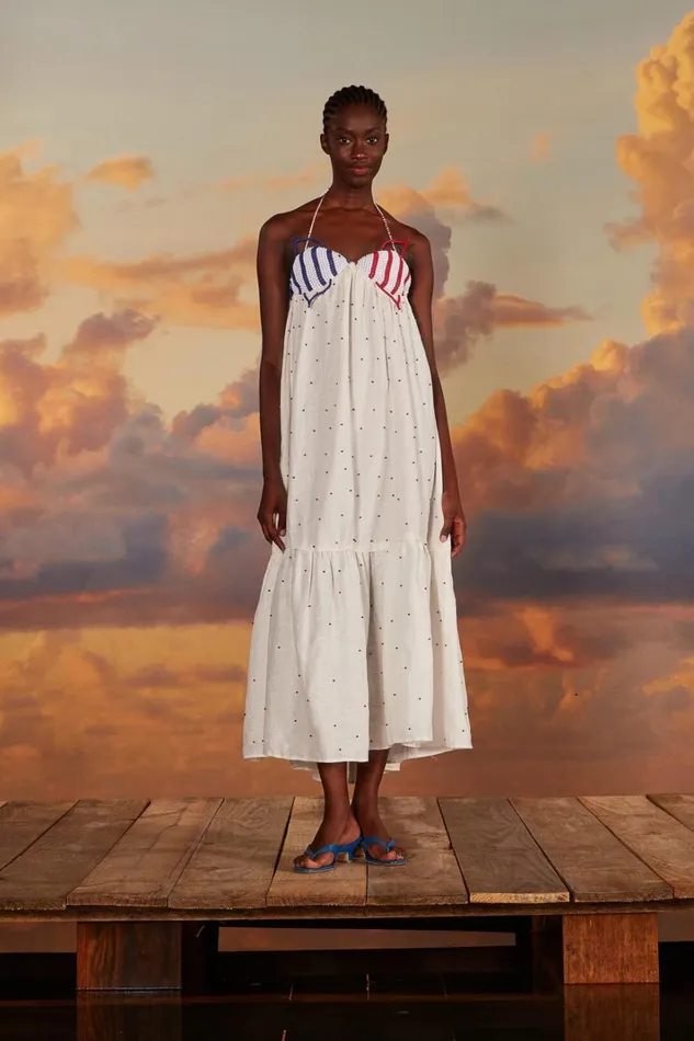 Women Maxi Dresses Farm Rio White Beaded Fishes Sleeveless Maxi Dress