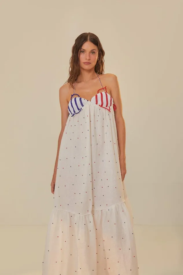 Women Maxi Dresses Farm Rio White Beaded Fishes Sleeveless Maxi Dress