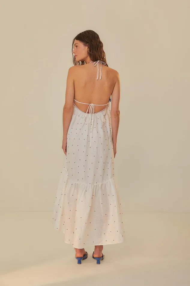 Women Maxi Dresses Farm Rio White Beaded Fishes Sleeveless Maxi Dress