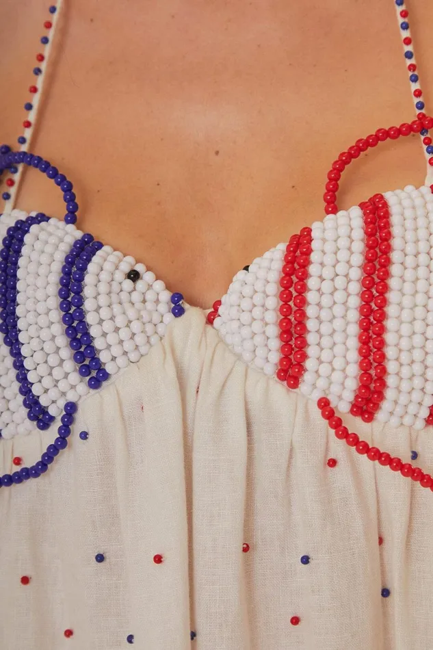 Women Maxi Dresses Farm Rio White Beaded Fishes Sleeveless Maxi Dress