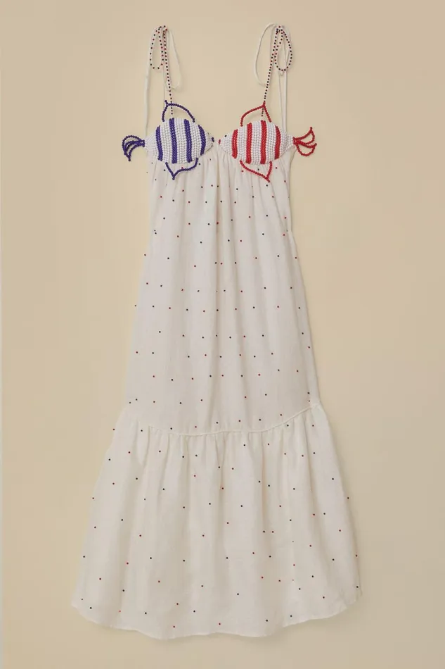 Women Maxi Dresses Farm Rio White Beaded Fishes Sleeveless Maxi Dress