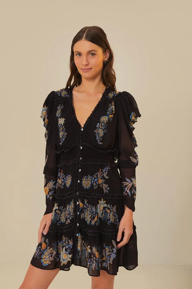 Women Midi Dresses Farm Rio Black Stitched Garden Short Sleeve Midi Dress