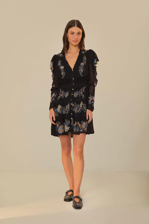Women Midi Dresses Farm Rio Black Stitched Garden Short Sleeve Midi Dress