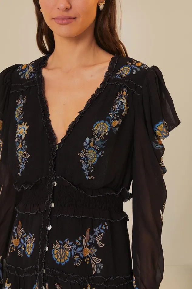 Women Midi Dresses Farm Rio Black Stitched Garden Short Sleeve Midi Dress