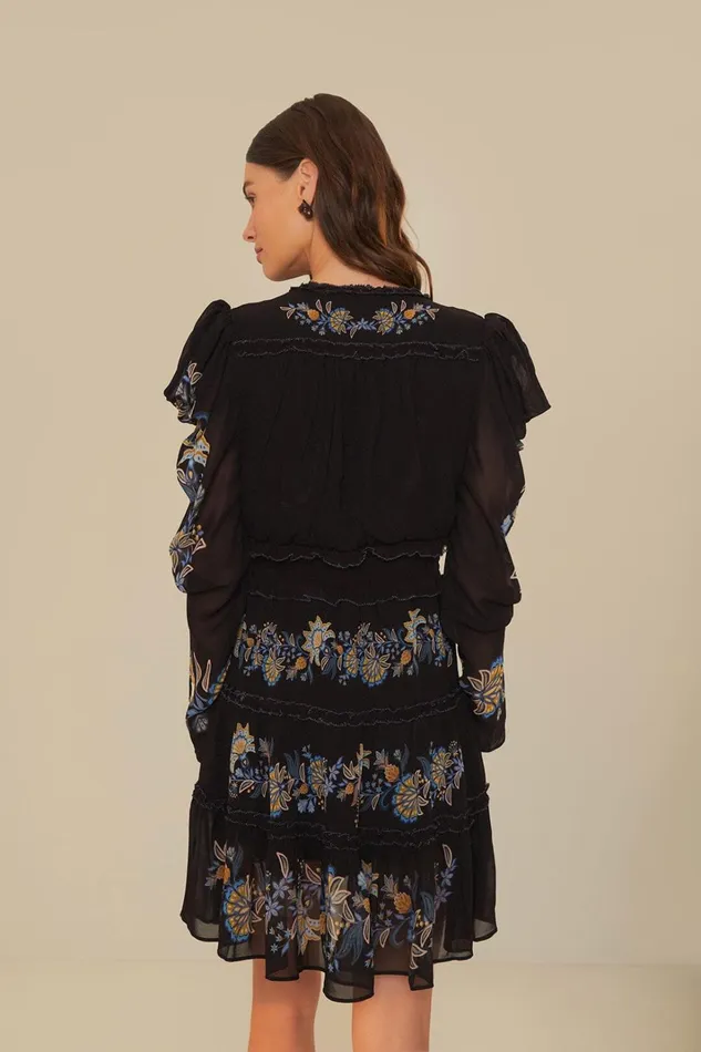 Women Midi Dresses Farm Rio Black Stitched Garden Short Sleeve Midi Dress