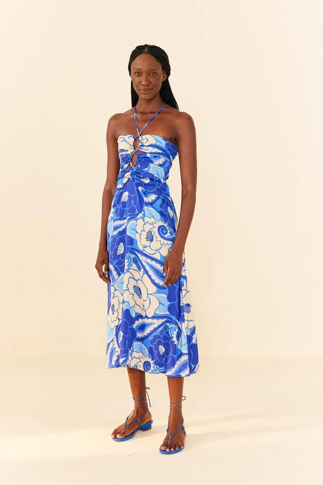 Women Midi Dresses Farm Rio Blue Tropical Groove Lenzing Ecovero Viscose Midi Dress