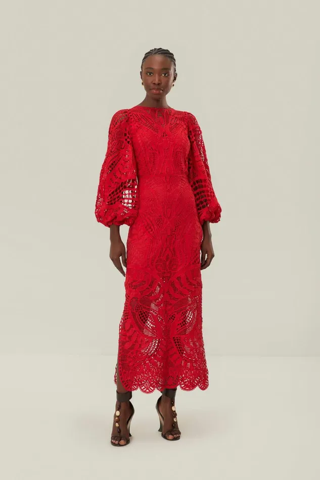 Women Midi Dresses Farm Rio Red Nature Guipure Midi Dress
