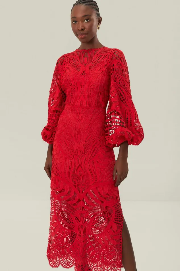 Women Midi Dresses Farm Rio Red Nature Guipure Midi Dress