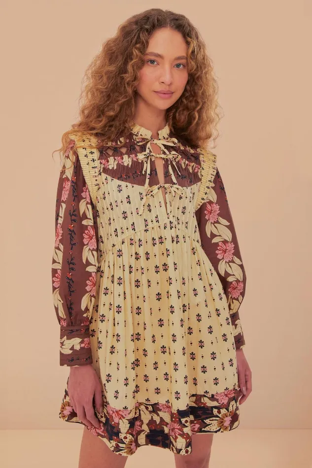 Women Mini Dresses Farm Rio Ainika Maxi Floral Cream Open Yoke Mini Dress
